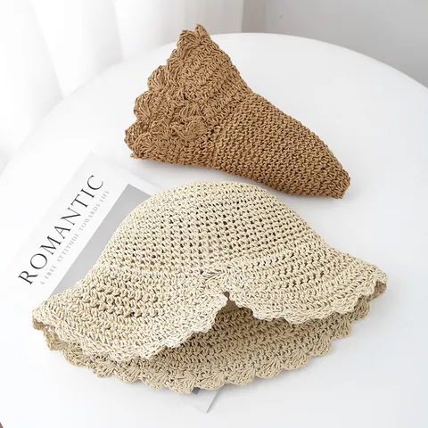 Women Hand Woven Paper Straw Sun Hat With Wavy Edge Foldable Wide Brim Beach Vacation Summer Sunshade Bucket Hat