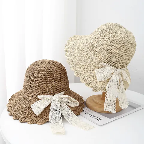 Women Hand-Woven Straw Sun Hat Wide Brim Wavy Edge Lace Bow Foldable Beach Hat For Summer Travel Chic Sweet Sunshade Hat