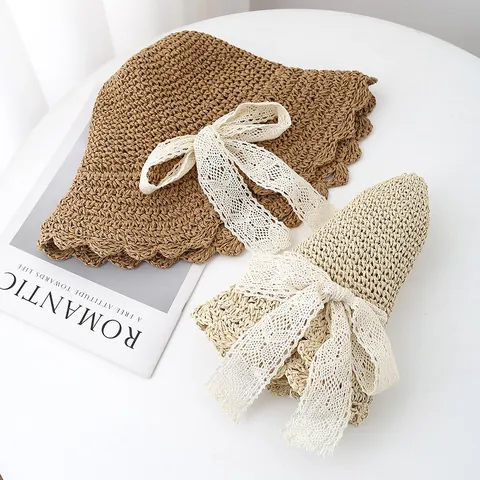 Women Hand-Woven Straw Sun Hat Wide Brim Wavy Edge Lace Bow Foldable Beach Hat For Summer Travel Chic Sweet Sunshade Hat