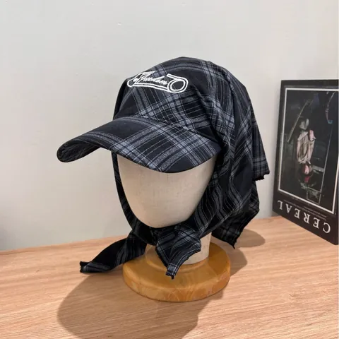 Karierter Kopftuch Hut Für Damen Herren Baumwollmischung Karo Sonnenschutz Hut Mit Buchstabenstickerei Bindeband Lässig Retro Turban