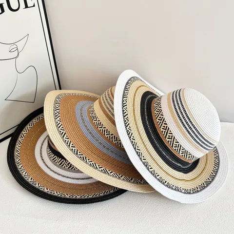 Chapeau de Paille Style Ethnique Bohème pour Femmes Vacances à la Plage Large Bord Motifs Géométriques Tissés Chapeau de Soleil Voyage Doux
