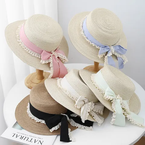 French Elegant Polka Dot Bow Straw Boater Hat For Women Summer Sun Protection Lace Trim Wavy Edge Wide Brim Sun Hat
