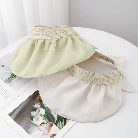 Women Sun Visor Hat Empty Top Wide Brim Straw Weaving Bow Tie Pleated Chiffon Summer Beach Sun Protection UV Shield Hat