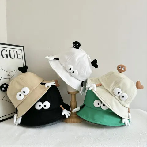 Funny Cartoon Monster Bucket Hat For Women Men Cotton Blend 3D Eyes Fuzzy Ball Sun Protection Outdoor Travel Fisherman Hat