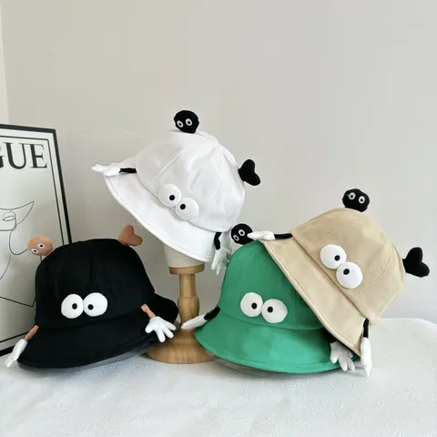 Funny Cartoon Monster Bucket Hat For Women Men Cotton Blend 3D Eyes Fuzzy Ball Sun Protection Outdoor Travel Fisherman Hat
