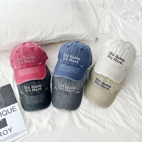 Distressed Embroidered Baseball Cap Old Habits Die Hard Letter Washed Cotton Denim Style Adjustable Fashion Sun Hat For Men Women