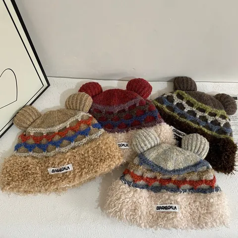 Women Winter Knitted Beanie Hat With Cute Bear Ears Warm Ear Protection Faux Lambswool Patchwork Wave Pattern Outdoor Cap