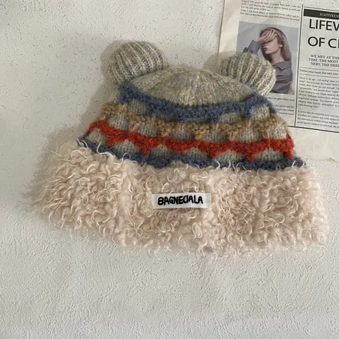 Women Winter Knitted Beanie Hat With Cute Bear Ears Warm Ear Protection Faux Lambswool Patchwork Wave Pattern Outdoor Cap