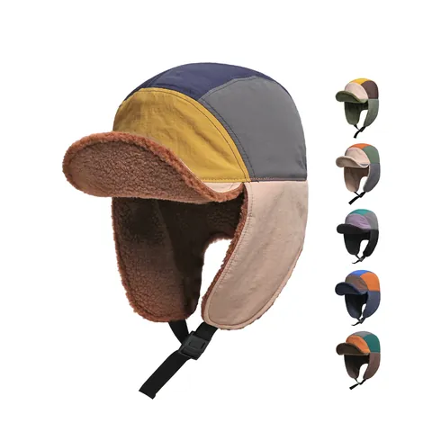 Winter Patchwork Trapper Hoed Winddicht Nylon Imitatie Sherpa Voering Oorflappen Aviator Bomber Hoed Voor Heren Dames Skiën