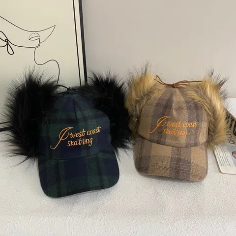 Plaid Trapper Baseball Cap With Faux Fur Ear Flaps West Coast Skating Embroidery Winter Warm Adjustable Windproof Hat