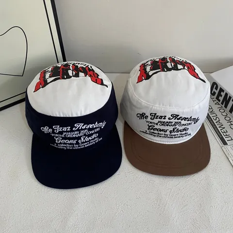 Unisex Flat Top Military Cadet Cap Colorblock Cotton Canvas Letter Printed Hip Hop Streetwear Patrol Hat