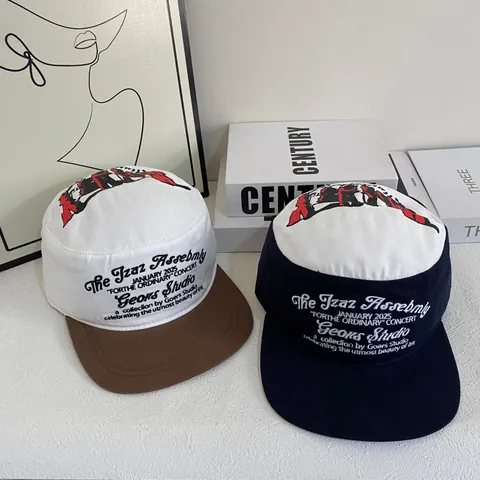 Unisex Flat Top Military Cadet Cap Colorblock Cotton Canvas Letter Printed Hip Hop Streetwear Patrol Hat