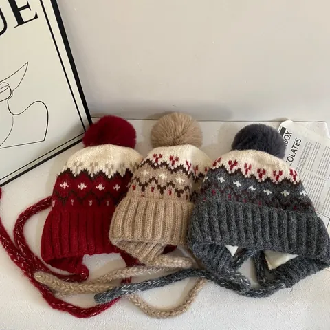 Women Fair Isle Knit Earflap Trapper Hat Winter Warm Fleece Lined Beanie With Pom Pom Geometric Jacquard Strap Lei Feng Hat