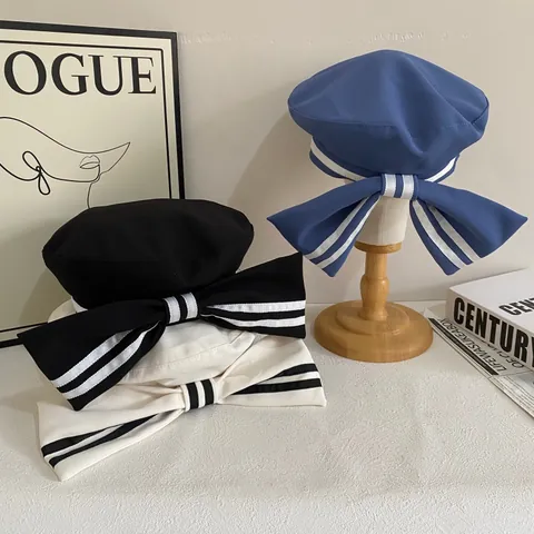 Women Retro College Style Sailor Beret Hat With Large Bow Stripe Details Sweet Elegant Painter Hat For Autumn Winter