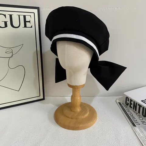 Women Retro College Style Sailor Beret Hat With Large Bow Stripe Details Sweet Elegant Painter Hat For Autumn Winter