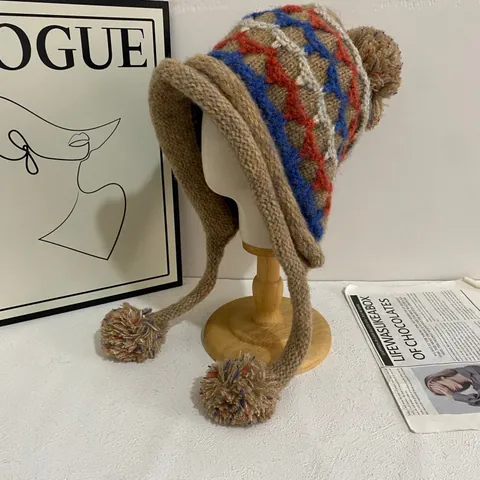 Women Fair Isle Knit Earflap Hat Winter Warm Pom Pom Beanie Retro Geometric Pattern Thick Woolen Cold Proof Hat
