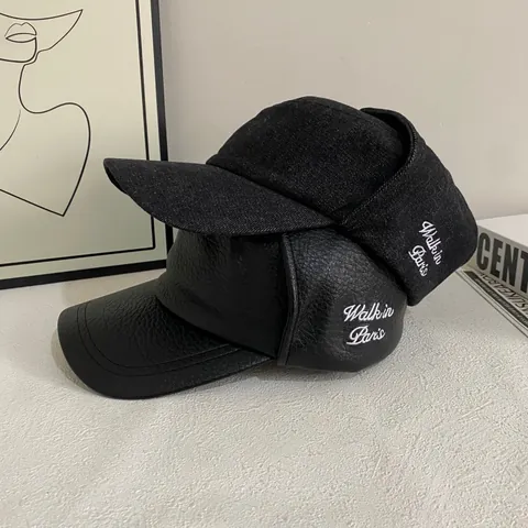 Colbacco da Donna Vintage con Parte Superiore Piatta e Paraorecchie in Pelle Sintetica Nera Denim Caldo Antivento Cappello per Inverno