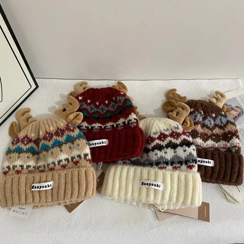 Fair Isle Style Antler Knit Beanie For Women Christmas Warm Thickened Reindeer Horn Winter Hat Cute Ear Protection Cap