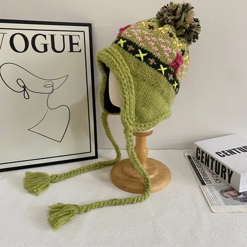 Cappello Trapper da Donna Invernale Spesso a Maglia Con Paraorecchi Jacquard Geometrico Bohemian Con Pompon e Nappe Foderato in Pile