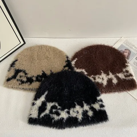 Women Winter Slouchy Plush Beanie Hat Warm Faux Mohair Knitted Hat Korean Style Jacquard Letter Pattern Cold Weather Beanie Cap
