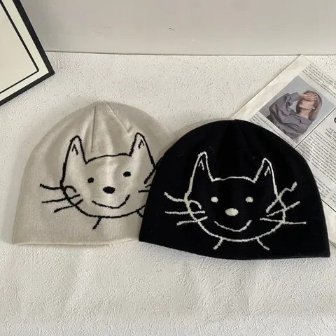 Berretto a Maglia con Jacquard a Gatto per Donna Autunno Inverno Cappello in Lana Elastica Calda per l'Uso Quotidiano