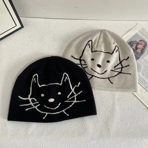 Berretto a Maglia con Jacquard a Gatto per Donna Autunno Inverno Cappello in Lana Elastica Calda per l'Uso Quotidiano