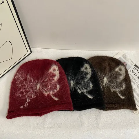 Japanese Vintage Butterfly Jacquard Beanie For Women Soft Mohair Like Slouchy Knit Hat Autumn Winter Warm Cold Cap