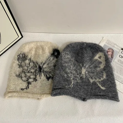 Japanese Vintage Butterfly Jacquard Beanie For Women Soft Mohair Like Slouchy Knit Hat Autumn Winter Warm Cold Cap