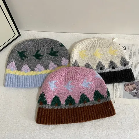 Koreanische Jacquard Schwalbe Strickmütze Für Damen Winter Warm Wollmischung Gehörschutz Beanie Hut Waldmuster Weiche Totenkopfmütze
