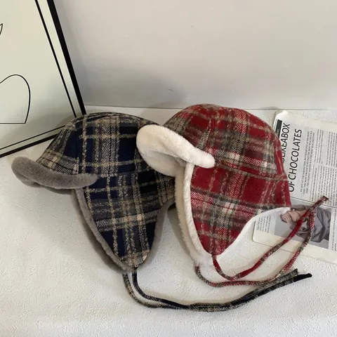 Vintage Plaid Trapper Hat For Women Winter Outdoor Warm Earflap Hat Thickened Windproof Bomber Hat Faux Fur Lining Lei Feng Hat