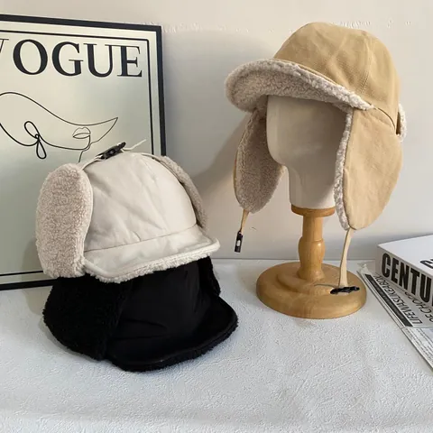 Vintage Trapper Hat For Women Men Winter Warm Windproof Pilot Hat With Faux Lamb Wool Lining Ear Flaps Solid Color Outdoor