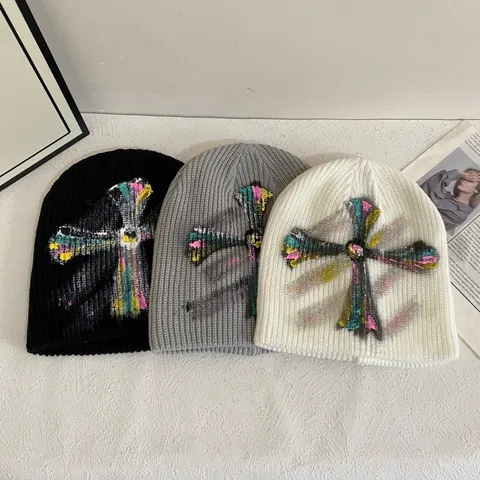 Vintage Graffiti Cross Ribbed Knit Beanie για Άνδρες Γυναίκες Hip Hop Streetwear Warm Winter Hat Fashion Cold Cap Accessory