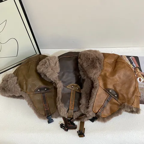 Vintage PU Leather Trapper Hat For Men Women Winter Warm Faux Fur Aviator Pilot Hat Earflap Windproof Outdoor Snow Cap