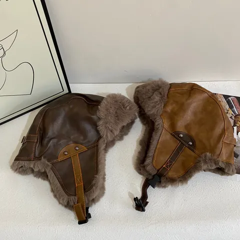 Vintage PU Leather Trapper Hat For Men Women Winter Warm Faux Fur Aviator Pilot Hat Earflap Windproof Outdoor Snow Cap