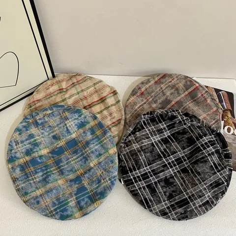 Vintage Plaid Beret Hat For Women Men Wool Blend Tweed Painter Hat With Letter Embroidery And Faux Leather Trim Warm Cap