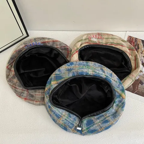 Vintage Plaid Beret Hat For Women Men Wool Blend Tweed Painter Hat With Letter Embroidery And Faux Leather Trim Warm Cap