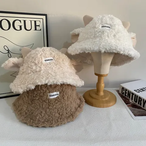 Simpatico Cappello da Pescatore in Lana d'Agnello per Donna Autunno Inverno Caldo Protezione Orecchie Cappello in Peluche Con Orecchie 3D