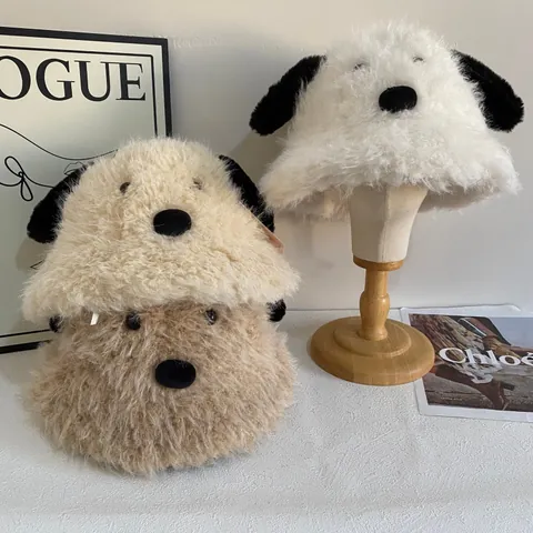 Schattige Puppy Hond Oor Pluche Vissershoed Vrouwen Herfst Winter Warme Imitatiebont Fisherman Hat Winddicht