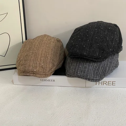 Cappello da Pittore Vintage a Lisca di Pesce in Lana Con Paillettes Lucide per Donna Autunno Inverno Basco Caldo Berretto