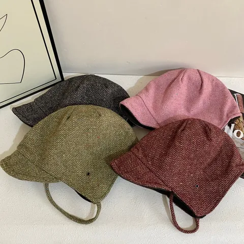 Women Winter Warm Trapper Hat Herringbone Tweed Ear Flap Cap With Ties Windproof Retro British Style Pilot Hat