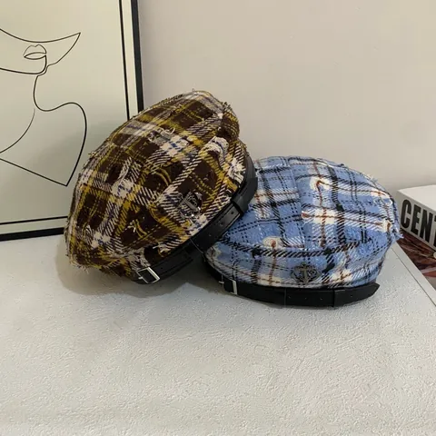 Vintage Britischer Stil Karierte Tweed Baskenmütze Für Damen Mit Metall Anker Abzeichen Und Lederband Wollene Malermütze