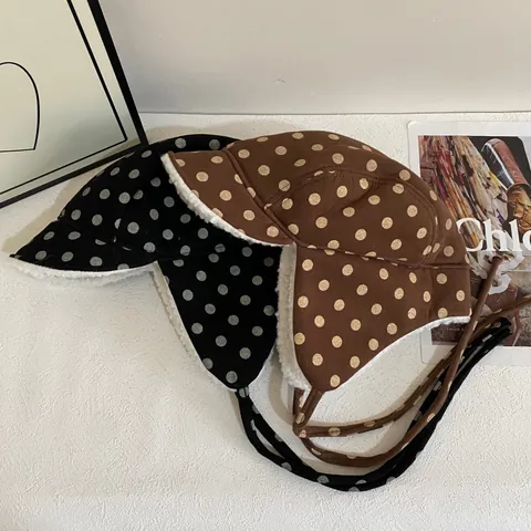 Damen Polka Dot Uschanka Winter Warme Fliegermütze Mit Ohrenklappen Lammfellimitat Bindeband Retro Mode Winddichte Mütze