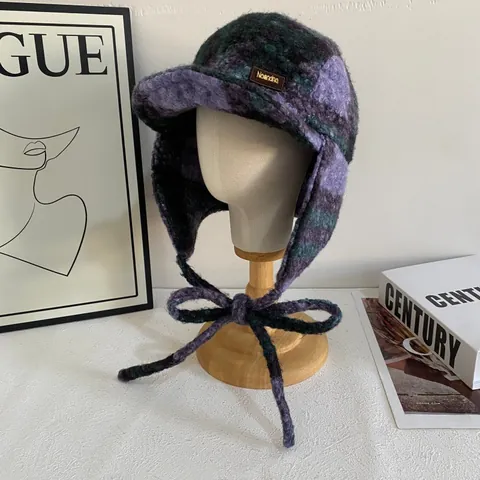 Vintage Plaid Trapper Hat Winter Warm Faux Lamb Wool Ear Protection Aviator Hat With Tie Plush Checkerboard Leopard Hat