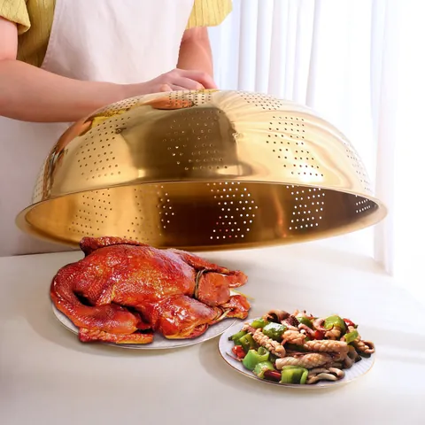 Couvercle de Nourriture Rond en Acier Inoxydable Creux Respirant Protecteur de Repas Anti-mouches Anti-poussière pour Cuisine Table Maison