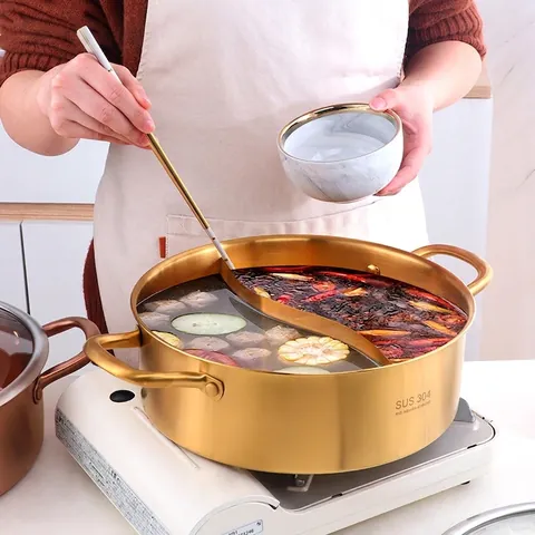 304 Stainless Steel Hot Pot Divided Two Flavor Induction Compatible Pot With Glass Lid Large Capacity Cooking Pot
