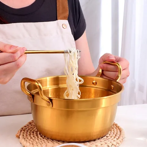 Olla para Fideos Instantáneos Coreanos de Acero Inoxidable 304 Doble Mango Oro Plata Textura Martillada para Inducción Gas