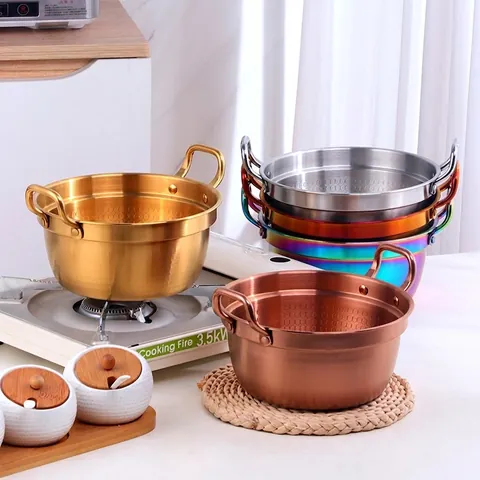 Olla para Fideos Instantáneos Coreanos de Acero Inoxidable 304 Doble Mango Oro Plata Textura Martillada para Inducción Gas