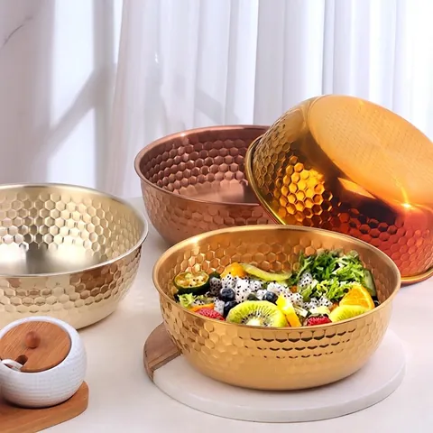 Saladier Martelé En Acier Inoxydable Texture Nid D'Abeille Bol Mélangeur Pour Fruits Légumes Cuisine Cuisson Or Argent Or Rose Iridescent Moderne Minimaliste Vaisselle