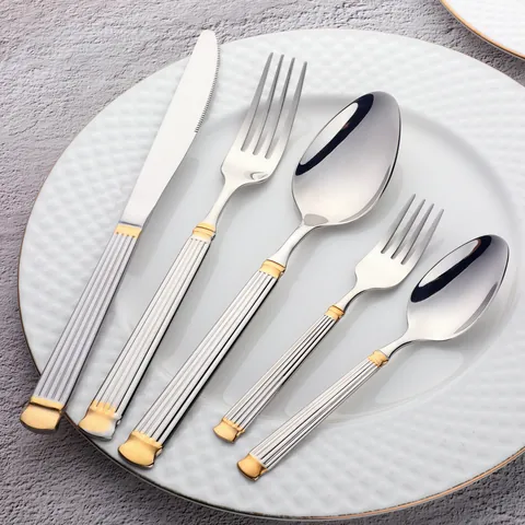 Service de Couverts 5 Pièces en Acier Inoxydable Design Colonne Romaine Rayures Verticales Poli Miroir Couteau Fourchette Cuillère pour Maison Hôtel Restaurant Adultes