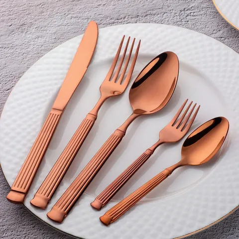 Service de Couverts 5 Pièces en Acier Inoxydable Design Colonne Romaine Rayures Verticales Poli Miroir Couteau Fourchette Cuillère pour Maison Hôtel Restaurant Adultes